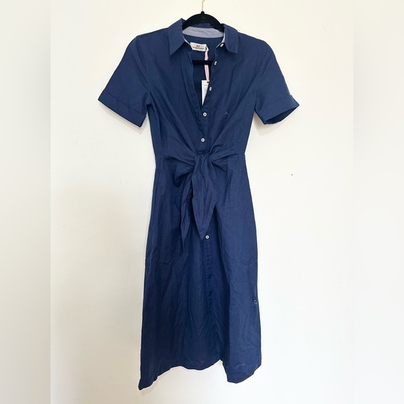 NWT Vineyard Vines Westerly Tie-Front Linen Dress Size 0 Deep Bay Blue modest - Picture 1 of 4